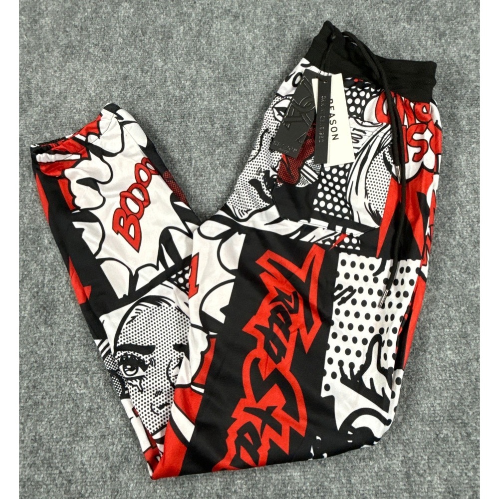 Reason Brand Mens Small Comic Pop Art Graphic Joggers Red Black White NEW
